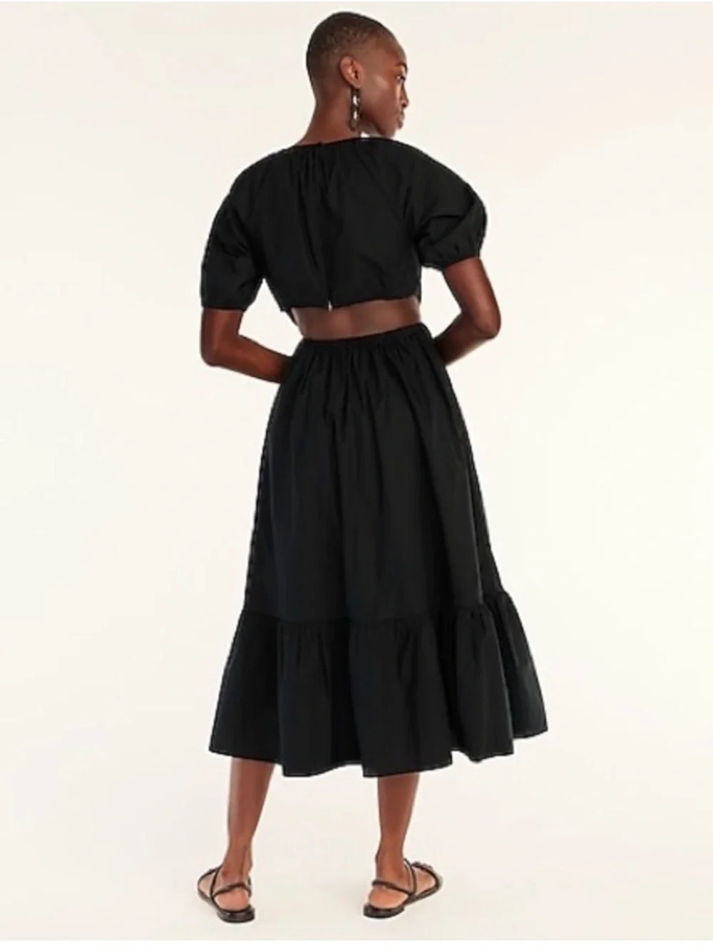 J. Crew Black Puff-Sleeve Cutout Midi Dress